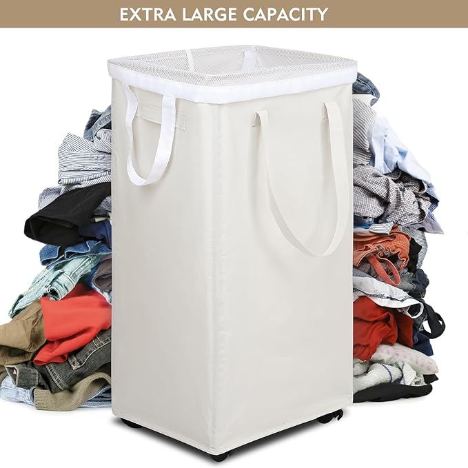 DOKEHOM 90L X-Large Rolling Laundry Basket Hamper on Wheels, Beige | Collapsible clothes hamper with removable mesh wash bag. High-capacity foldable washing bin organizer