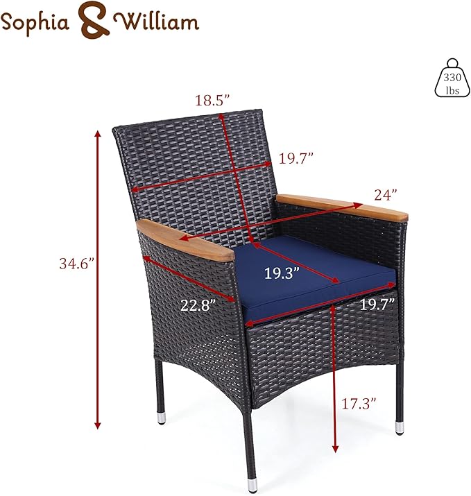 Sophia & William Rattan Patio Chairs Set of 2, 2 Pcs Wicker Outdoor Dining Chairs with Seat Cushions & Wood Armrest