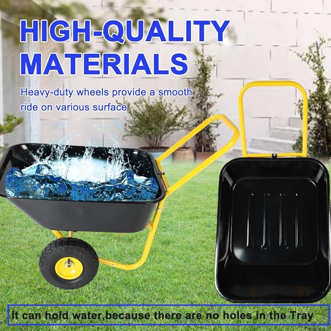 Dual Wheel Garden Wheelbarrow Heavy Duty Yard Cart, 300 LBS Capacity Utility Cart with Pneumatic Tires, Rustproof Poly Tray & Steel Handle for Lawn, Farm, Garden and Landscaping (Yellow+Black)