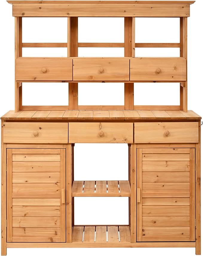 RUNNA 65.7'' H Tall Garden Potting Bench Table with Hutch,Patio Storage Workstation with 3 Shelves,6 Drawers,2 Bottom Cabinets&Side Hooks for Mudroom,Doorway (Natural@024, 65.7)