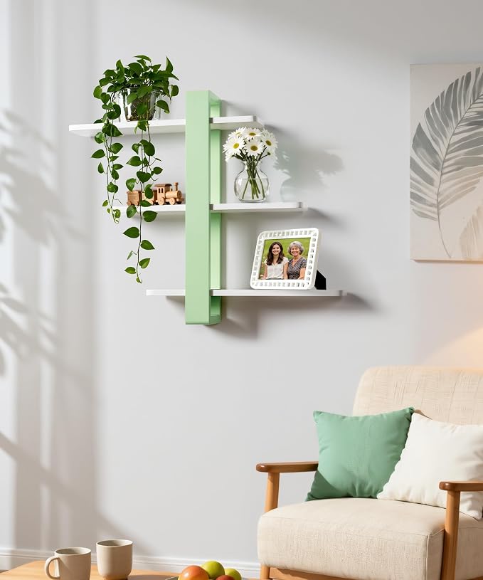 SUMGAR Floating Shelves for Wall Green, 3 Tier Adjustable Large Shelf Unit | 20 Inch All Pine Wood, Decorative Shleving, Plants Photos Display, for Living Room, Bedroom, Office, Bathroom
