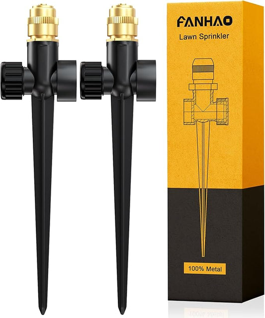FANHAO Metal Lawn Sprinkler for Yard, 2 Pack Automatic Garden Water Sprinkler on Spike Base, Adjustable Brass Sprinkler Nozzle 360 Degree Large Area Coverage for Lawn Grass Patio Garden Irrigation