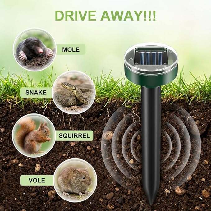 Solar Powered Mole Repellent Stakes - Ultrasonic Outdoor Rodent Repellent for Voles, Groundhogs, Snakes & Chipmunks - IP44 Waterproof Lawn & Garden Pest Control, Pet Safe – 10 Pack, Round