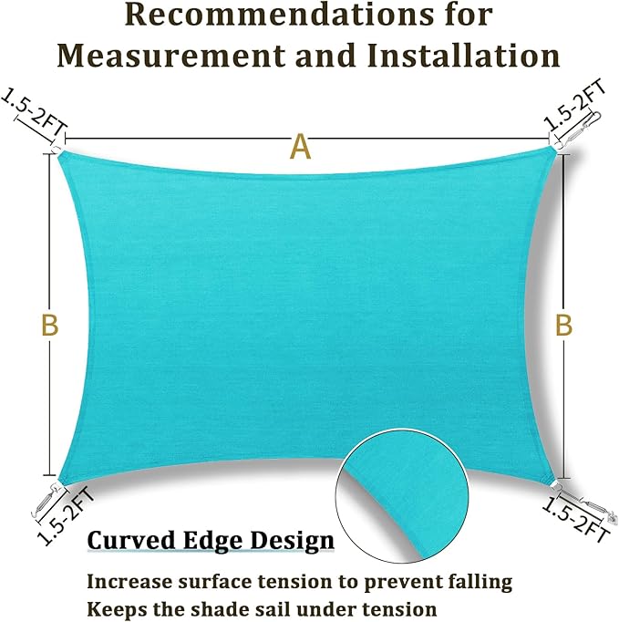 Shade&Beyond Custom 15'x31' Sun Shade Sail Canopy Rectangle UV Block Breathable Curved Sunshade for Backyard Yard Deck Outdoor Facility and Activities, Turquoise (We Make Custom Size)