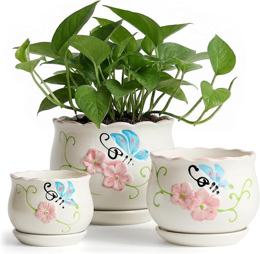 STHIE Ceramic Plant Pots with Drainage Holes and Saucers, Round Flower Pots for Indoor Plant, 4/5.2/6.6 Inches Flower Large Planters Set of 3