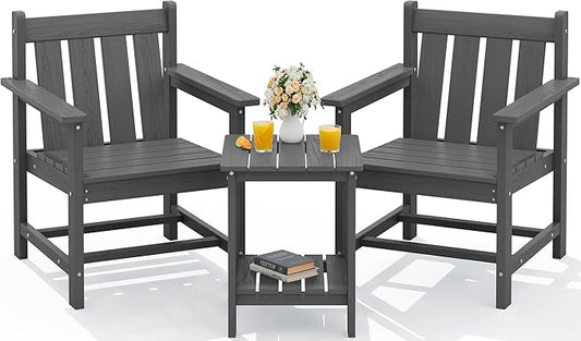SEWRWALL 3 Pieces Patio Bistro Set, All Weather Adirondack Chair Set with Side Table, HDPE Material Outdoor Patio Furniture Set for Balcony, Porch, Garden, Backyard- Gray