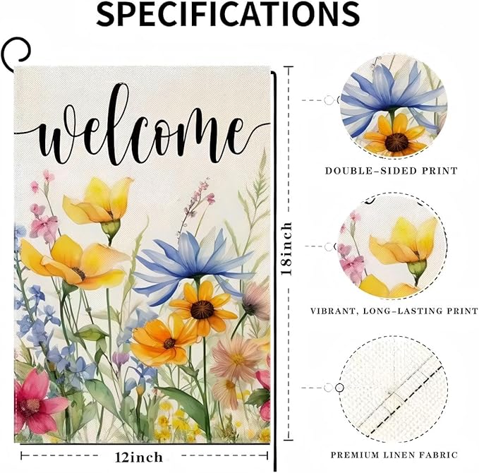 Spring Garden Flag 12x18 Inch Double Sided Outdoor Decor Watercolor floral welcome design for spring decor, seasonal summer garden flag for outside yard, patio, farmhouse, and holiday outdoor decoration