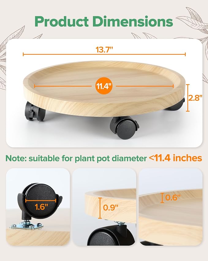 2 Pack Plant Caddy With Wheels, 14" Wood Rolling Plant Stand with 360° Lockable Wheels, Plant Stands Outdoor for Large Plants, Flower Cart Plant Dolly Plant Caster for Heavy Objects, Natural
