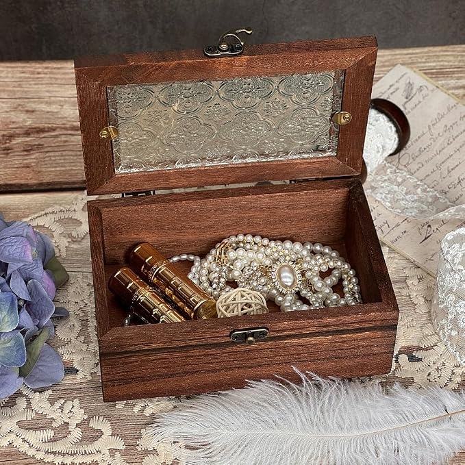 Vintage Wooden Storage Box with Glass Lid, Keepsake Box Small Decorative Storage Box for Jewelry, Trinket, Gift and Home Decorations (Small)