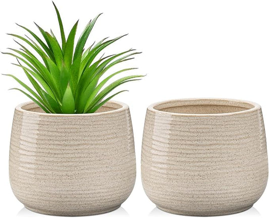 GnFlus Ceramic Plant Pots 5.3 Inch Set of 2, Flower Plants Pot with Drainage Holes White Planter Garden Pot for Succulent Cactus Home Decoration Gift Indoor Outdoor