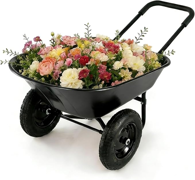 ERGOMASTER Dual-Wheel Wheelbarrow, Home Utility Garden Cart, 330 LBS Capacity, Large Heavy Duty Yard Cart for Gardening & Planting, Lawn, Farm, Construction Site, Black