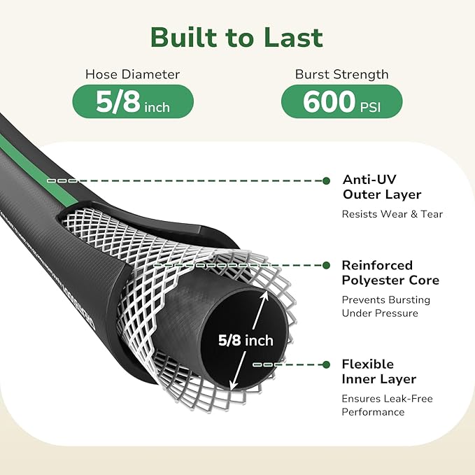GreatBuddy 100 ft Garden Hose, Flexible Rubber Water Hose 5/8", Heavy Duty, Lightweight Hose, Burst 600 PSI with Solid Brass Male to Female Fittings, Leakproof Hose for Backyard, Garden
