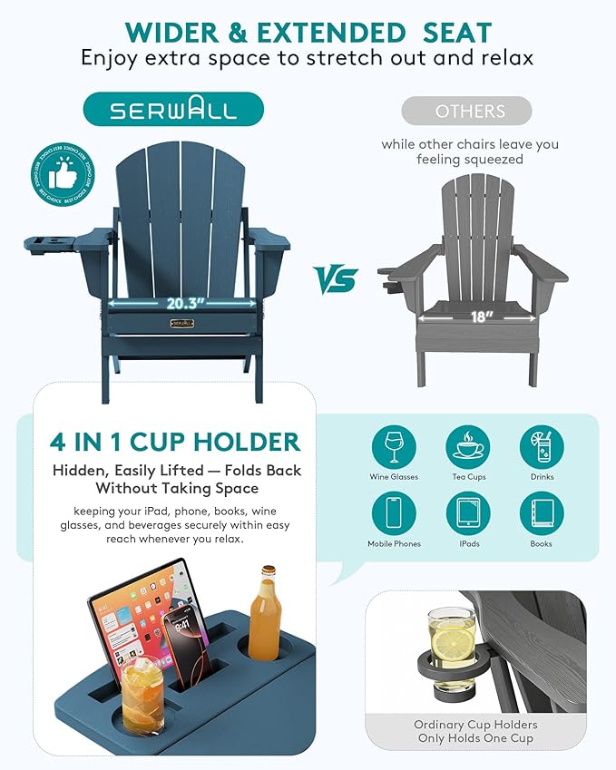 SERWALL Foldable Adirondack Chair Set of 4, HIPS Adirondack Chairs with 4 in 1 Cup Holder, Weather Resistant Fire Pit Chair for Patio, Garden, Outdoors, Poolside - Blue