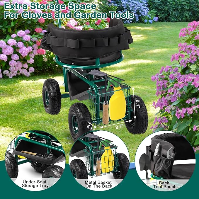 VINGLI Garden Cart with Soft Rolling Seat, Wheels, Adjustable Steering Handle & Utility Tool Tray, Planting Wagon Scooter, Gardening Tool for Senior, for Patio, Backyard, Lawn & Outdoor, Green