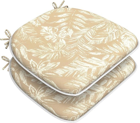 DYTXIII Set of 2 Outdoor Chair Cushions with Ties, Water Repellent Patio Chair Pads 17"x 16" for Outdoor Furniture, Round Corner Seat Cushions for Garden Yard Kitchen Tropical Leaf Oat