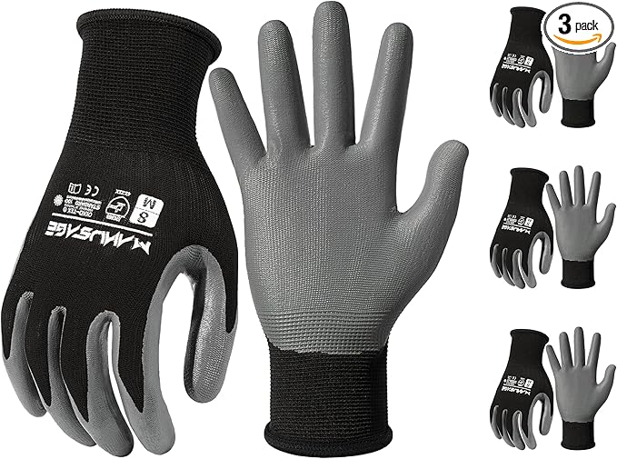 MANUSAGE Safety Work Gloves - Protective Glove for Men & Women - Ultrathin Hand Protection - For Construction, Gardening, Landscaping - Black - Size M - 3 Pairs