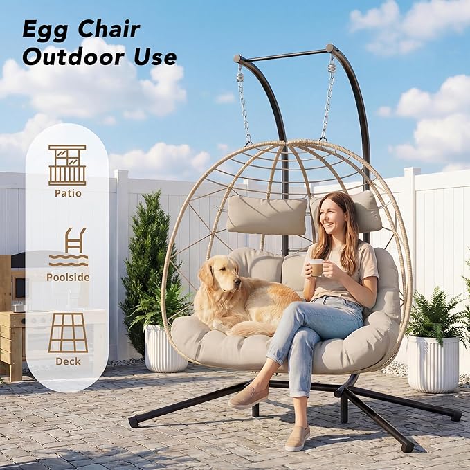 Easyego 2-Person Wicker Hanging Egg Chair with Stand- 700 lb Capacity, Indoor/Outdoor Double Egg Swing Hammock Chair for Patio, Garden, Porch, Living Room, Bedroom-Khaki