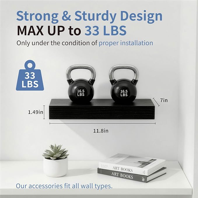 Black Floating Shelves for Bathroom, 12 Inch Small Shelves Set of 3 | Wall Mounted Floating Shelves, 33lbs Max Load, Hidden Brackets, Easy Install, Bedroom Living Room Decor Display Storage