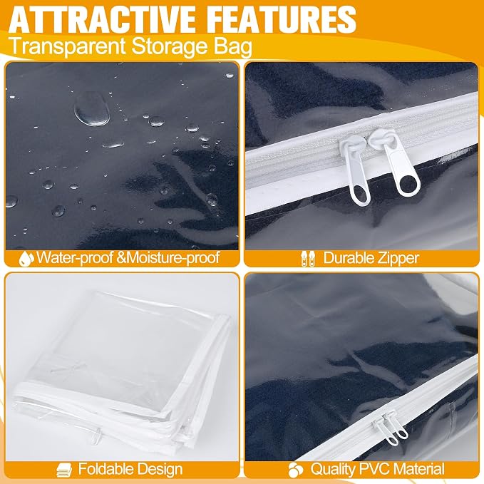 Plastic Storage Bags with Easy-Glide Zipper, Pack of 8, Durable Clear Vinyl Zippered Storage Bags for Clothes Sweaters Comforters Blankets Sheets Bedding (15.7 x 13.8 x 3.9 Inch, Transparent White)