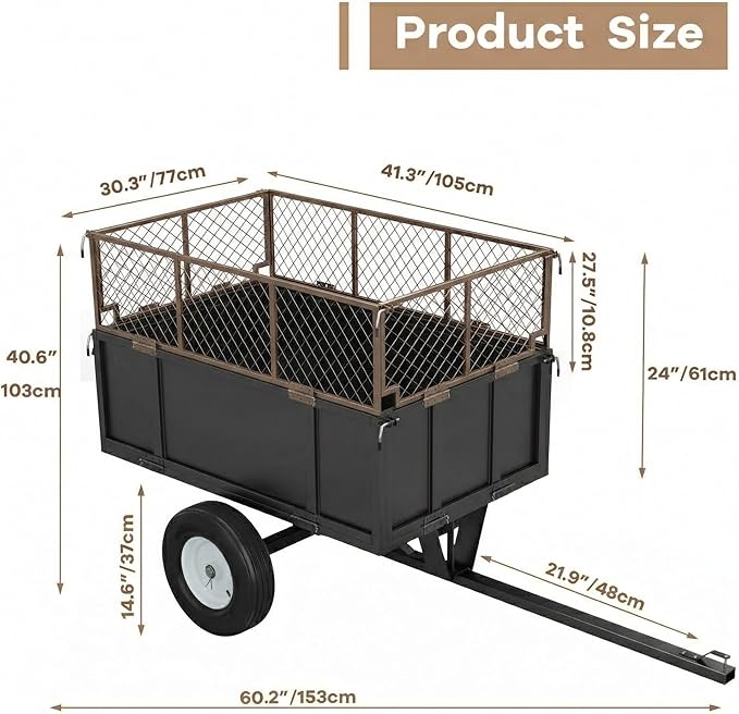 Heavy Duty ATV Trailer Dump Cart 1700 Lbs, 17 Cubic Feet Steel Lawn Mower Trailer with Removable Sides, Tow Behind Garden Yard Dump Cart for Tractor ATV UTV, Utility Wagon for Landscaping & Farm