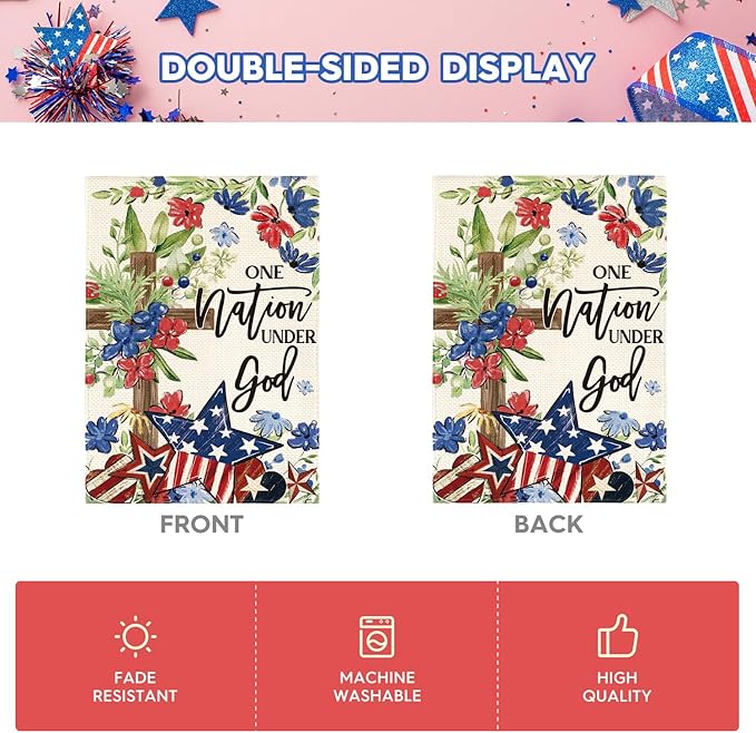 AVOIN colorlife Memorial Day Patriotic 4th of July House Flag 28x40 Inch Double Sided Outside, Flowers Cross Yard Outdoor Decoration