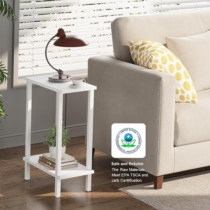 TUTOTAK Narrow Side Table, 2-Tier Small End Table for Couch | Skinny Sofa Table, Slim Nightstand, Easy Assembly for Living Room, Bedroom, White TB01BW062