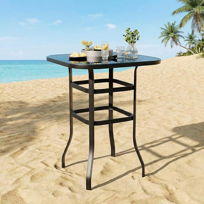 GarveeHome Outdoor Patio Bar Table, 31.5 Inch Tempered Glass Bistro High Top Table with All Weather Metal Frame for Deck, Porch, Poolside, Garden