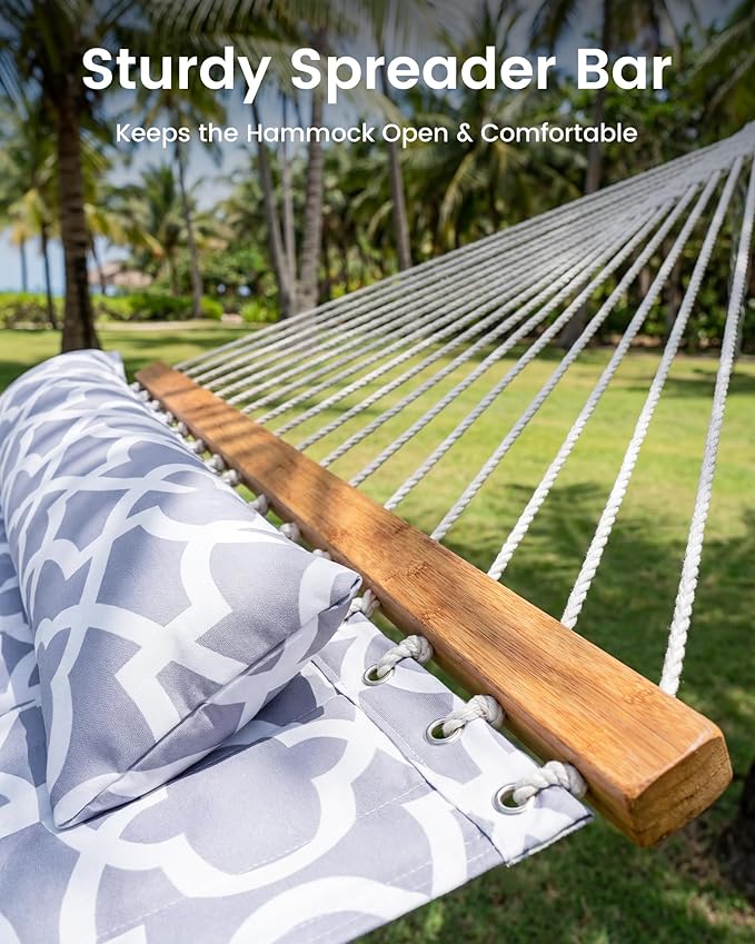 ANAGOO Double Quilted Outdoor Hammock for 2 Adults, 500lb Capacity Backyard & Camping Hammock with Pillow and Bamboo Spreader Bar, Fits 11–15ft Hammock Stands (Stand Not Included),Light Gray