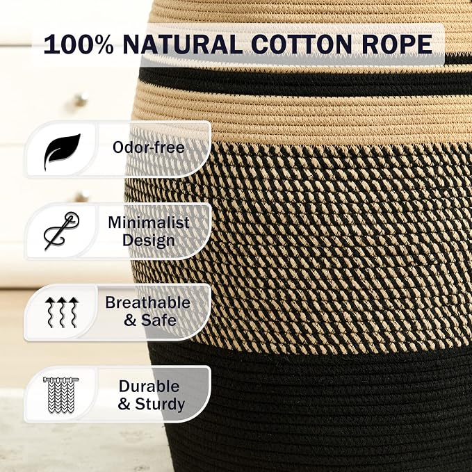 Large Laundry Hamper Basket 65L Woven Blanket Basket, Brown & Black