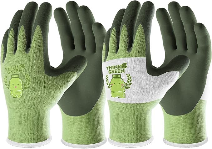 COOLJOB 2 Pairs Toddler Gardening Gloves for Boys Girls Age 2-4, Rubber Coated Small Children Kids Yard Work Gloves (Think Green XXS)