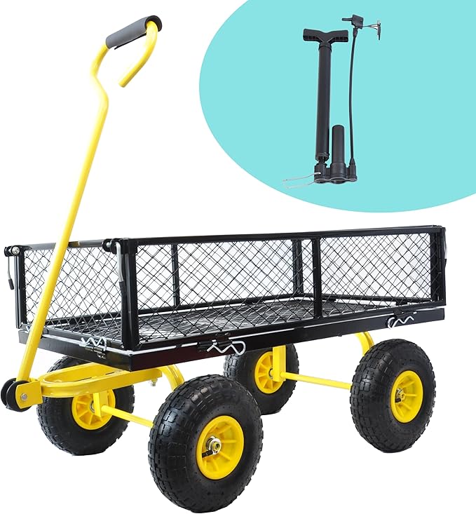 Heavy Duty 600 Lbs Capacity Garden Wagon Cart with Inflatable Tires, Utility Dump Cart for Firewood, Yard Debris & Gardening Transport, 37" L x 19" W x 40" H, Black