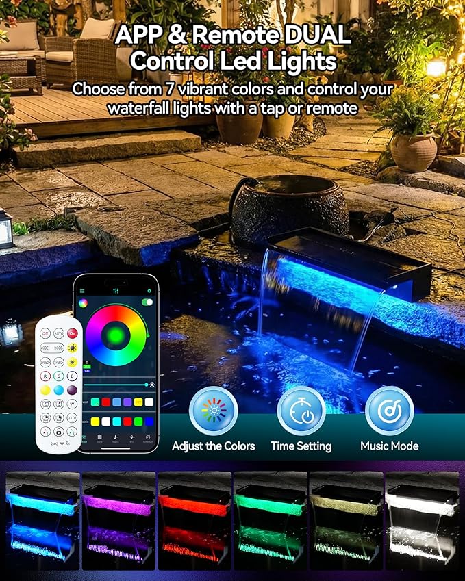 POPOSOAP Pond Waterfall Kit with Colorful LED Lights & 1200GPH Pond Pump, APP & Remote Control, Auto Timer, Pond Waterfall Spillway with 9.8FT Corrugated Tube for Pool, Garden, Patio, Backyard-P46D