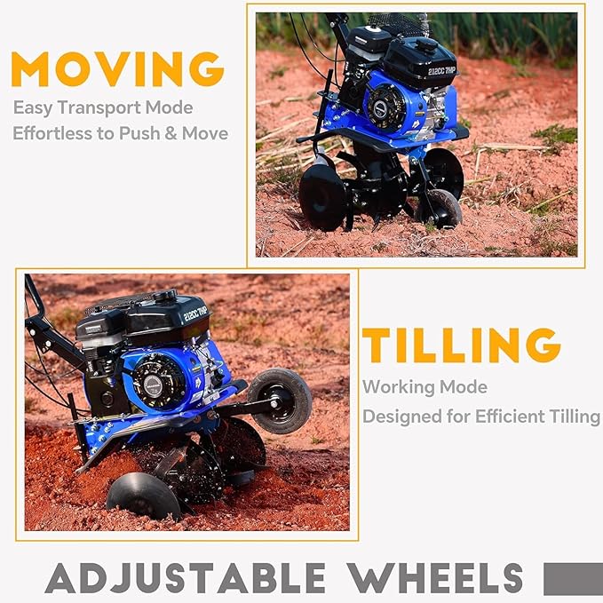 212cc 4-Cycle 7HP Gas Powered Tiller Cultivator - 22" Heavy-Duty Steel Tines Rototiller, Adjustable Wheels and Handle, Forward/Reverse for Plowing, Tilling, Weeding in Garden, Farm (Navy Blue)