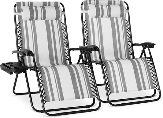 Best Choice Products Set of 2 Extra Wide Adjustable Steel Mesh Zero Gravity Lounge Chair Recliners w/Pillows and Cup Holder Trays - Gray Stripes