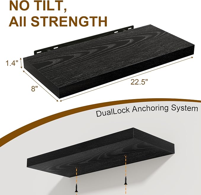 Black Floating Shelves 22.5 Inch Long, 8 Inch Deep Floating Shelf Wall Mounted, Rustic Wood Bathroom Shelves for Storage, 22.5x8 Deep Shelf Set of 2 with Invisible Brackets for Books|Storage|Decor