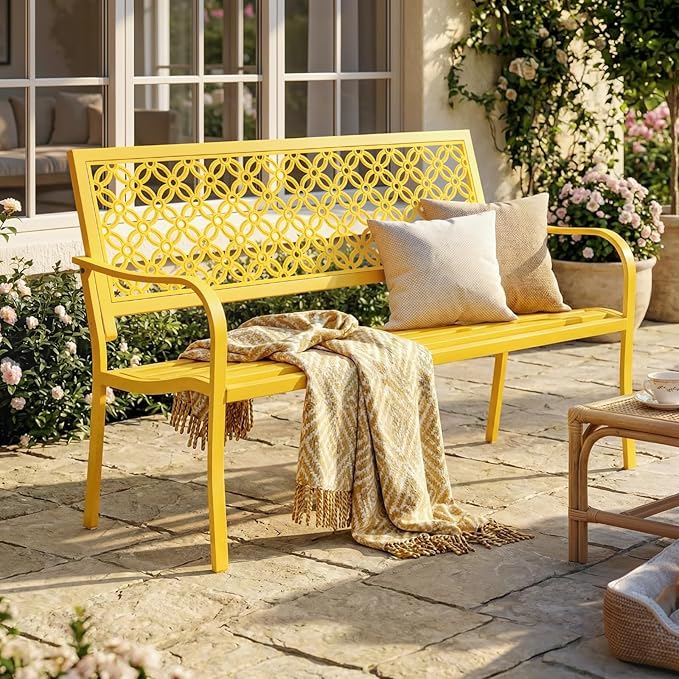 50" Outdoor Bench Weatherproof, 700 lbs Capacity Heavy Duty Garden Benches with Galvanized Metal Frame, Patio Bench with Floral Backrest, Patio Furniture for Porch, Park, Yard, Entryway, Yellow