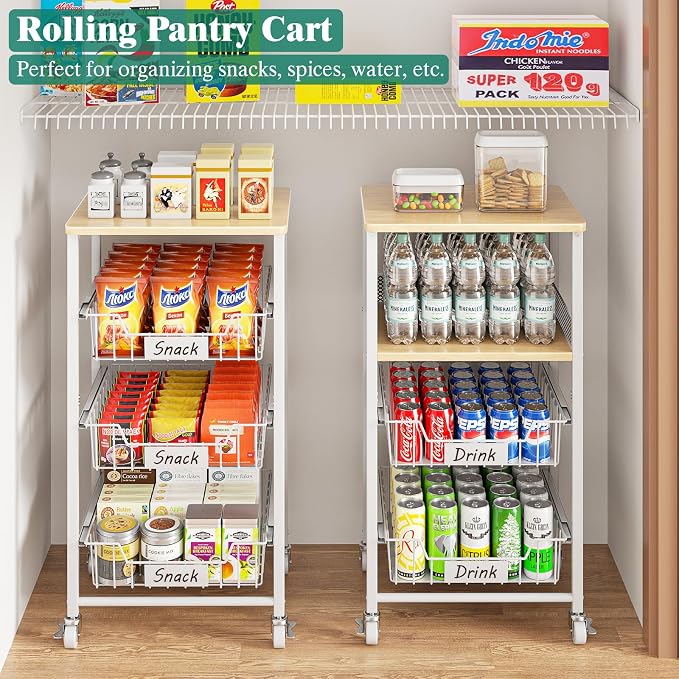 Giwil 4-Tier Fruit Vegetable Storage Cart Rolling Kitchen Cart with Drawer