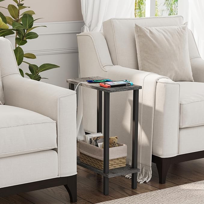 TUTOTAK Narrow Side Table Set of 2, Small End Table for Couch | 2-Tier Skinny Sofa Table, Slim Nightstand, Easy Assembly for Living Room, Bedroom, Grey TB01BY0622