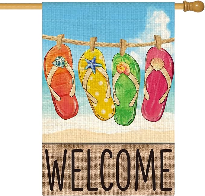 AVOIN colorlife Summer Beach Flip-flop House Flag 28x40 Inch Double Sided, Welcome Seasonal Holiday Burlap Yard Outdoor Decoration