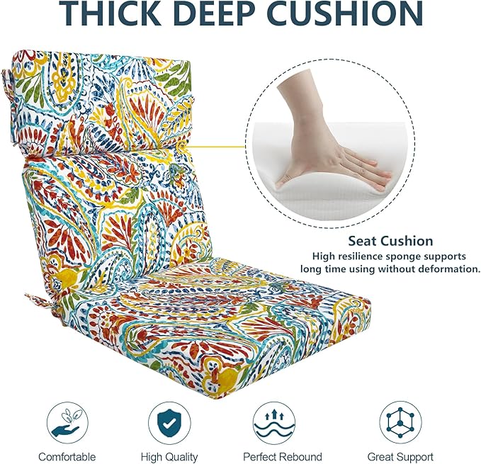 DYTXIII Outdoor High Back Chair Cushions Set of 2, 44"x22" Water Repellent Patio Seat Cushions with Elastic Sponge, All Weather Chair Pads for Rocking, Dining Chairs, Patio Furniture - Paisley Multi