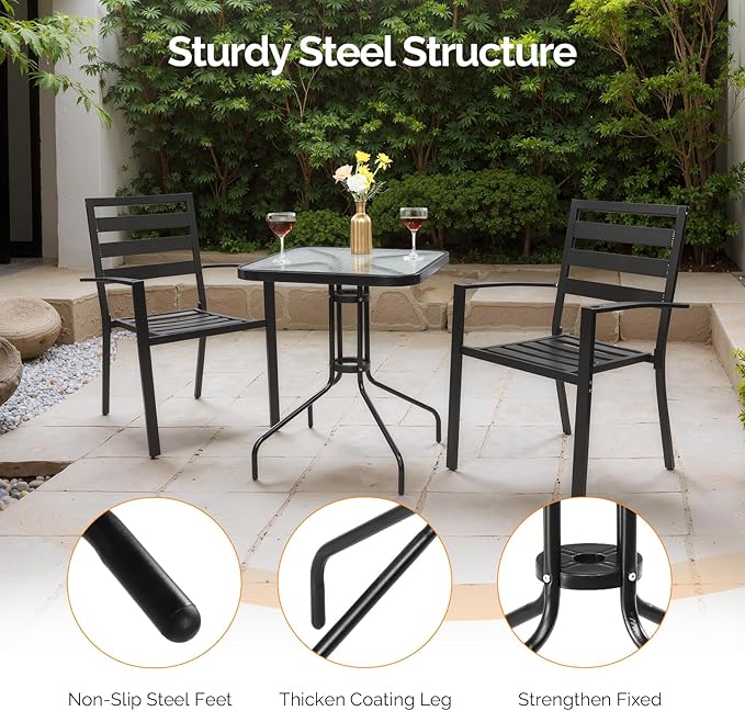 VINGLI Outdoor Bistro Table, 24" Patio Table Steel Frame Tempered Glass Top, Dining Tables for Balcony Garden Poolside (24'' Square)