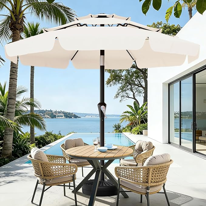 AreShark 9FT 3-Tiers Patio Umbrella with Valance, Outdoor Umbrellas with Crank/Tilt, Table Market Umbrella Vented w/ 8 Sturdy Ribs for Garden, Deck, Backyard, and Pool, Cream White