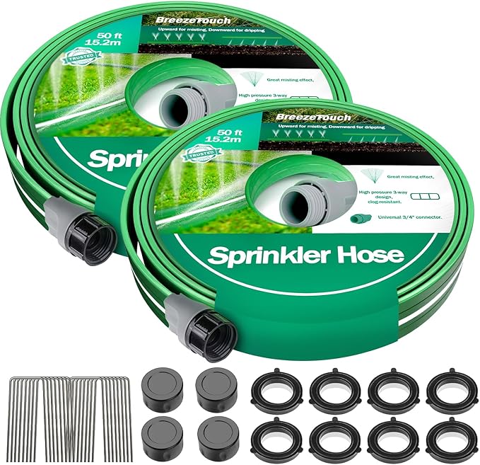 Breeze Touch 2X50FT Sprinkler Hoses for Lawn, Three-Tube Flat Sprinkler Hose with Holes, Heavy Duty Soaker Hose for Garden with U-Shaped Stakes, Flexible Irrigation Hose for Yard