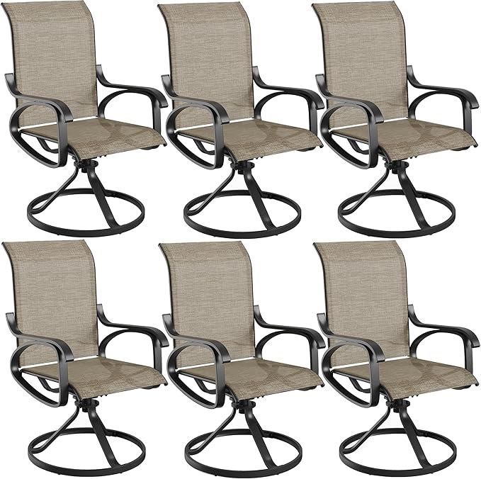 Patio Swivel Chairs Set of 6, All Weather Outdoor Rocking Chair with Textilene Breathable Back, Metal Frame, Patio Dining Chair for Backyard, Garde, Porch and Deck (6, Dark Brown)
