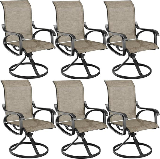Patio Swivel Chairs Set of 6, All Weather Outdoor Rocking Chair with Textilene Breathable Back, Metal Frame, Patio Dining Chair for Backyard, Garde, Porch and Deck (6, Dark Brown)