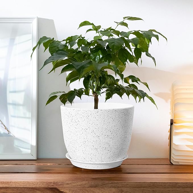 3 X 10Inch Plant Pots Set for Indoor Outdoor, Flower Pots for House, Plant Planters Pots with Drainage Hole and Saucer Plastic Decoration Pot, Speckled White