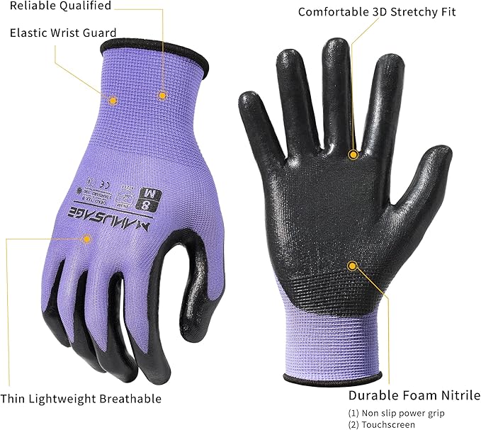 MANUSAGE Safety Work Gloves for Men and Women With Touchscreen Fingers, Nitrile Grip, Mechanics (Size L, Purple, 24-Pairs)