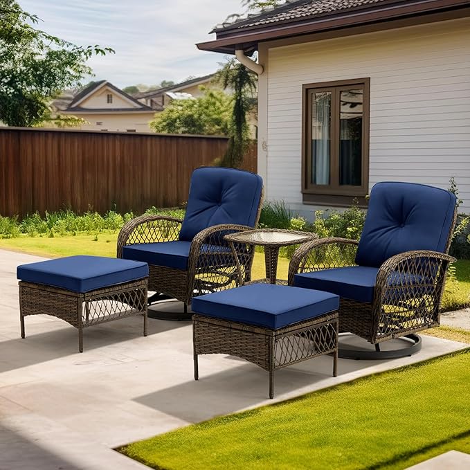 MELLCOM 5 Pieces Patio Furniture Set, Outdoor Swivel Rocker Patio Chairs with Ottomans, Wicker Conversation Set with Rocking Chairs and Glass Coffee Table for Backyard, Navy Blue