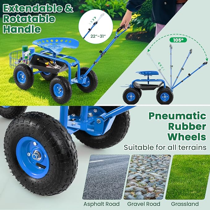 Giantex Rolling Garden Workseat with Wheels, 360 Degree Swivel Gardening Stool Cart with Storage Basket, Adjustable Height, Steering Handle, Steel Frame, Outdoor Work Seat for Planting Triming (Blue)