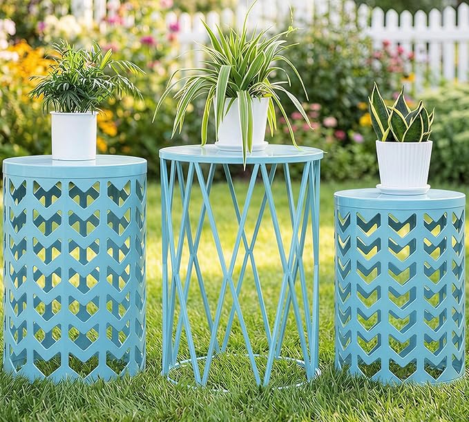 Y&M Set of 3 Stacking Coffee Table for Living Room, Patio Side Table,Indoor End Tables for Bedroom, Outdoor Decorative Garden Stool with Heavy Duty Metal Frame Modern Industrial Decor - Light Blue